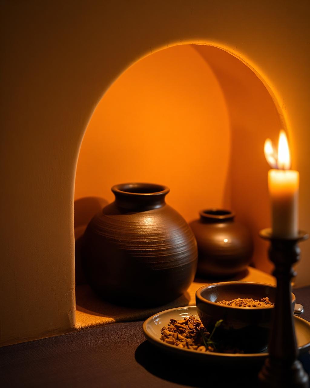Hand-thrown clay pottery in a candle-lit arched niche at ONE40vue, Cape Town